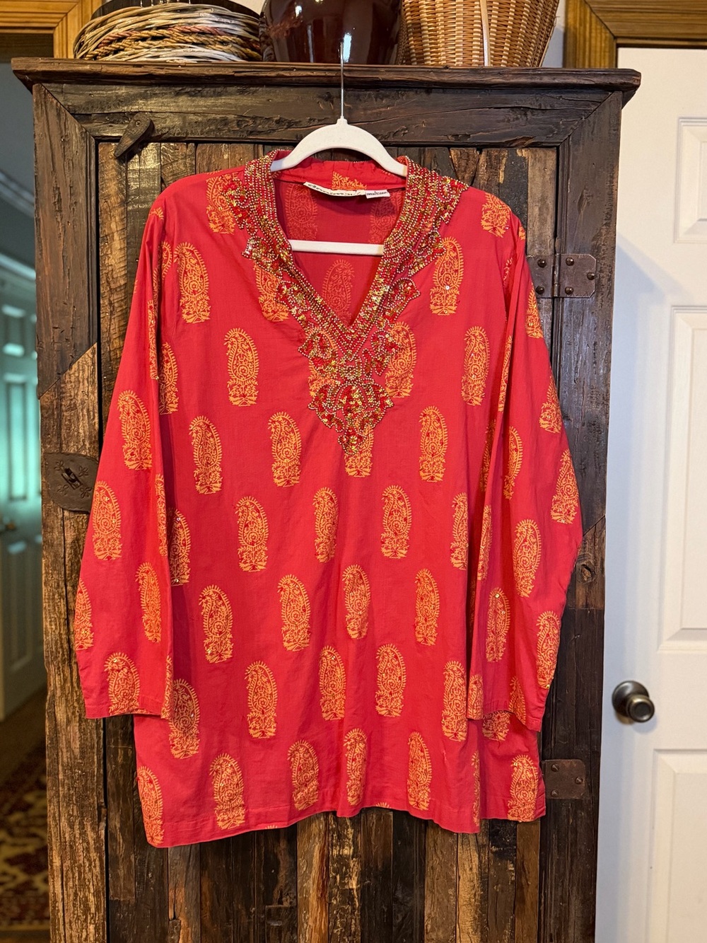 Denim 24/7 Women’s L Coral Red Beaded Tunic Top Paisley Boho Embellished
